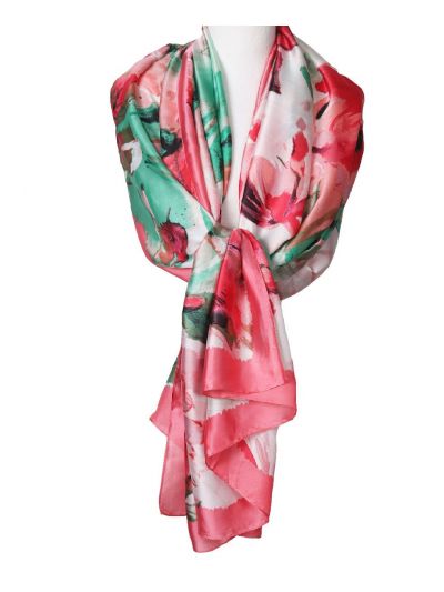 Zijde-blend sjaal met aquarel bloemenprint in koraalroze