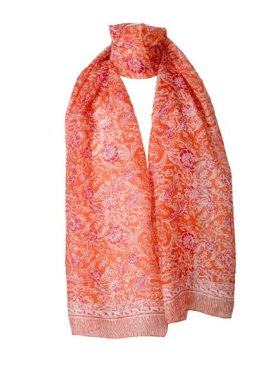 Zijden sjaal in oranje met geïllustreerde bloemenprint