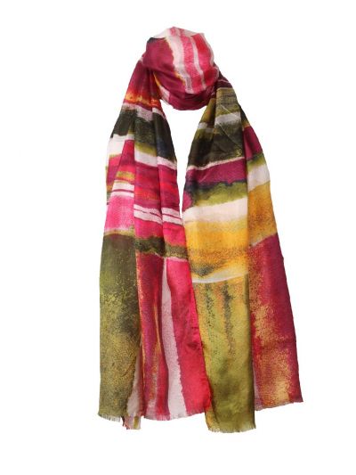Zijden sjaal met abstracte print in roze en groen
