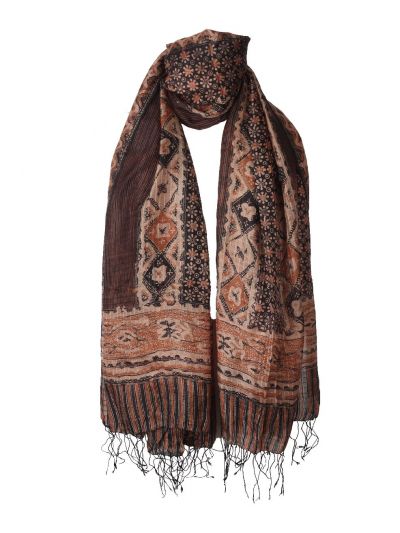 Zijden sjaal met mixed print in cognac en zwart