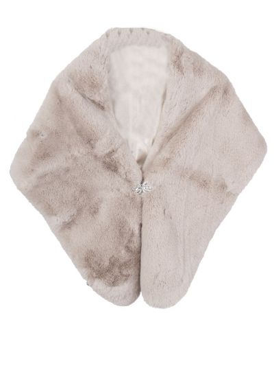 Zandkleurige kunstbont stola met strass sluiting