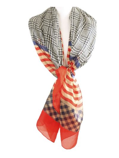 Zijden sjaal/stola met Pied-de-poule print in donkerblauw