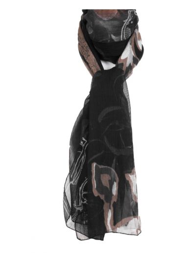 Zwarte crêpe voile sjaal met abstracte bloemen print