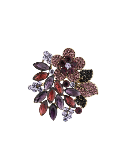 Bloemen broche met paars-lila strass