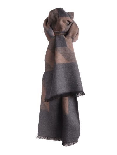 Zachte wol-blend sjaal in taupe met grafische print