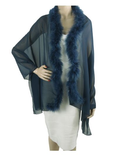 Donkerblauwe crêpe voile stola met veren rand