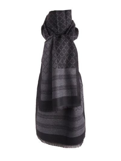 Zachte wol-blend sjaal met mixed print in grijs en zwart 