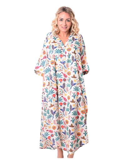 Lange kaftan jurk met kleurrijke illustraties