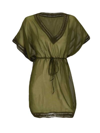 Korte voile kaftan in legergroen met V-hals