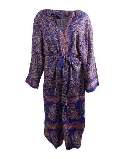 Lange kobaltblauwe zijde-blend kimono met paisley print in roze