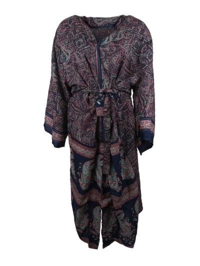 Lange donkerblauwe zijde-blend kimono met paisley print in roze