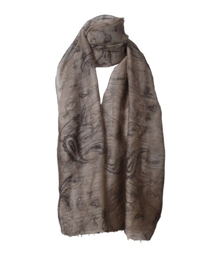 Wol-zijde sjaal in taupe met paisley patroon