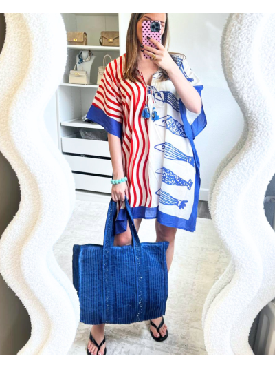 Kaftan met vissenprint in rood-blauw