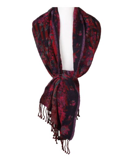Wollen pashmina sjaal met bloemen- en strepenprint