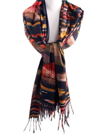 Zachte donkerblauwe sjaal met abstract print 