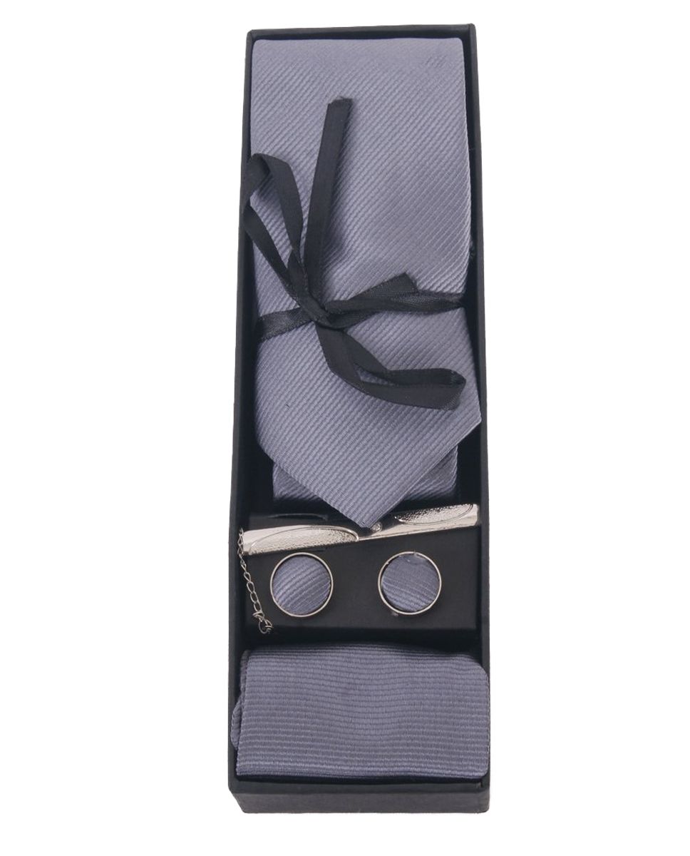 Gymnast Automatisch loyaliteit Cadeau-set van stropdas, pochet en manchetknopen in grijs - bouFFante