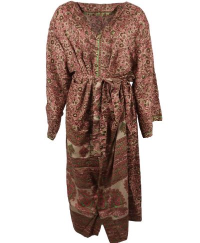 Lichtbeige zijde-blend kimono met paisley in bruin