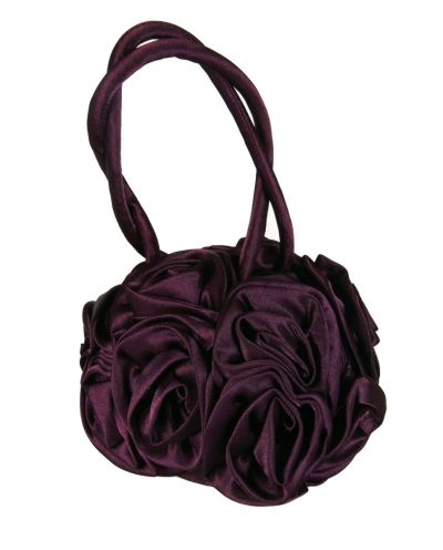 Aubergine kleurige satijnen avondtasje met rozen 