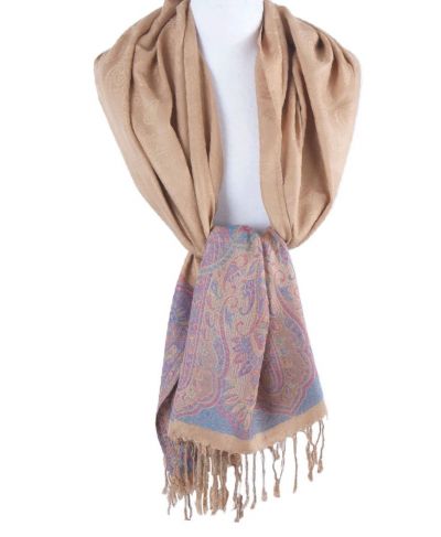 Beige pashmina sjaal met geweven paisley in lichtblauw