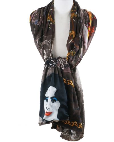 Donkerbruine zijden sjaal met patchwork print