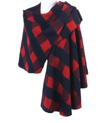 Donkerblauwe flausch-wollen omslagdoek /cape met ruiten