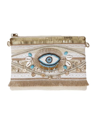 Clutch met geborduurde ''All eyes on you'' borduursel