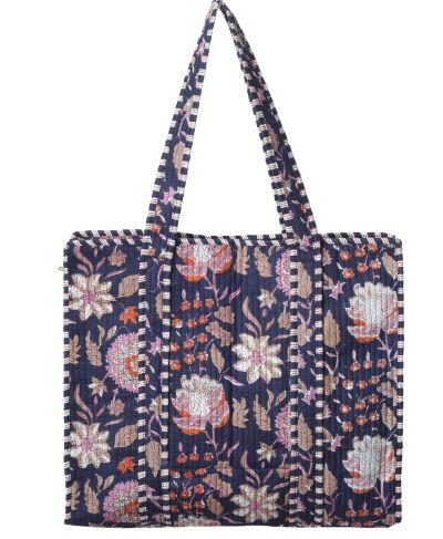 Gewatteerde shopper/schoudertas in marineblauw met bloemenprint
