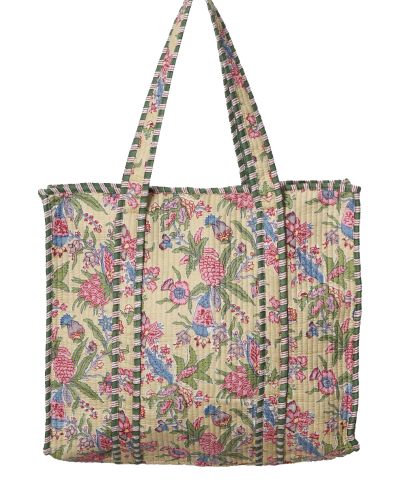 Gewatteerde shopper/schoudertas in lichtbeige met bloemenprint