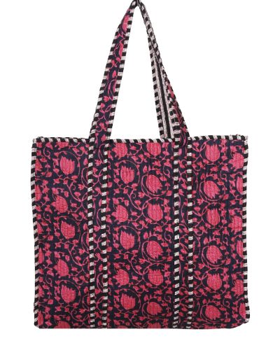 Gewatteerde schoudertas/shopper in donkerblauw met roze