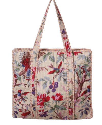 Gewatteerde schoudertas/shopper in lichtbeige met vogelprint 