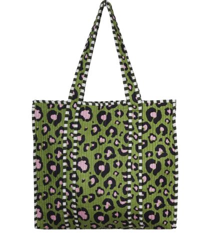 Gewatteerde schoudertas/shopper in groen met luipaardprint