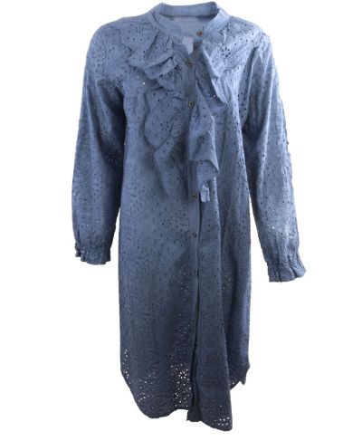 Broderie jurk met ruches in jeansblauw