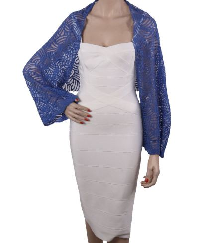 Jeansblauwe kanten bolero stola met ornament en pailletten