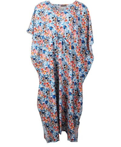 Kaftanjurk met bloemenprint in blauw en bruin-tinten