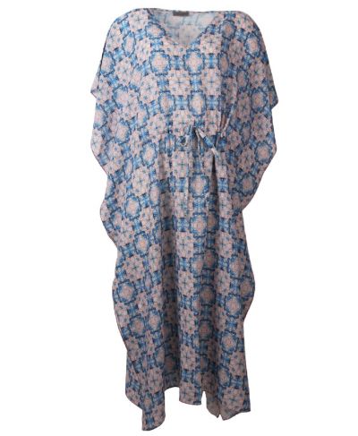 Kaftanjurk met ornament in blauw en beige