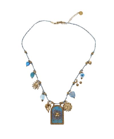 Gevlochten touwketting in turquoise met bedels