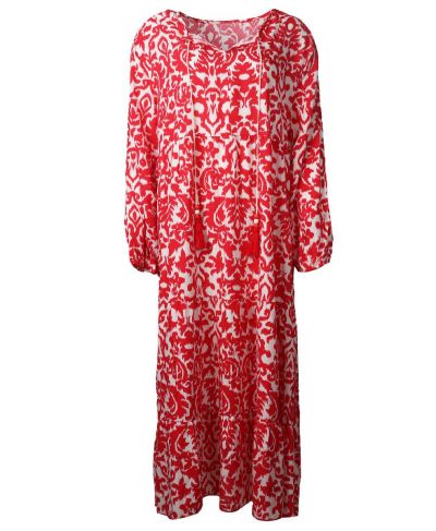 Lange jurk met rode ornament print en kwastjes