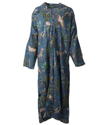 Lange strandjurk in denimblauw met dierenprint