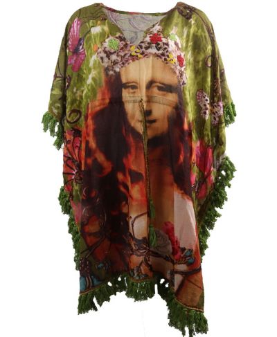 Lange katoenen kaftan met Mona Lisa print 