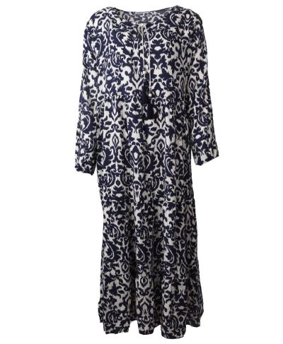 Lange jurk met donkerblauwe ornament print en kwastjes