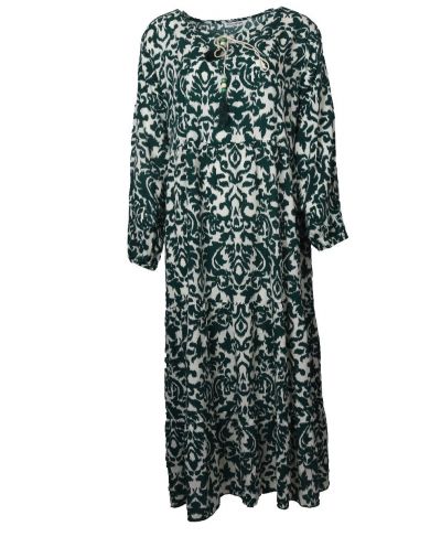 Lange jurk met groene ornament print en kwastjes