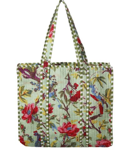 Gewatteerde schoudertas/shopper in mintgroen met vogelprint 