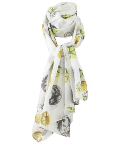 Witte zijdeblend sjaal met print van munten en bloemen