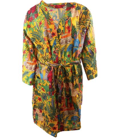 Okergele katoenen kimono met Frida Kahlo print