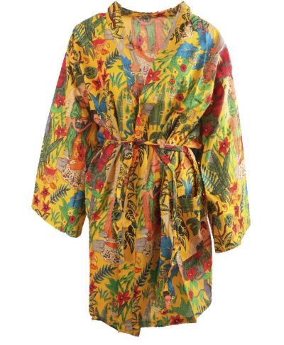 Korte okergele katoenen kimono met Frida Kahlo print
