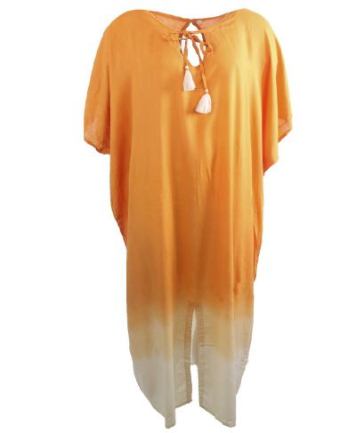 Lange kaftan in zacht-oranje met kwasten franjes
