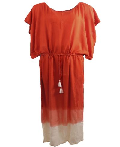 Lange kaftan in donker-oranje met kwasten franjes