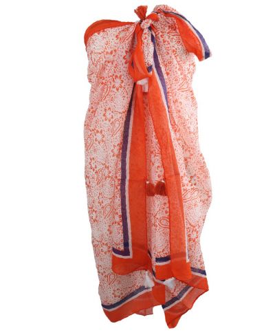 Oranje pareo met bloemenprint en kwasten franjes