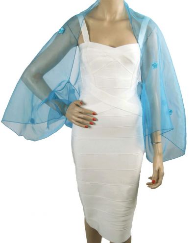 Turquoise organza bolero stola met satijnen roosjes