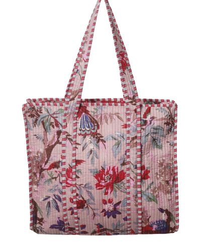 Gewatteerde schoudertas/shopper in oudroze met vogelprint